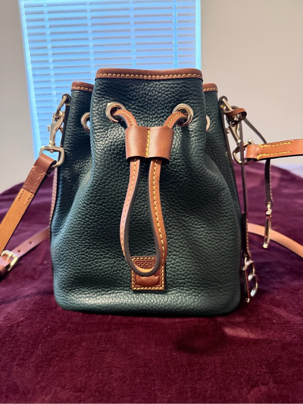 Dooney & Bourke Green Ivy Pebble Leather Drawstring Crossbody with Brown Trim